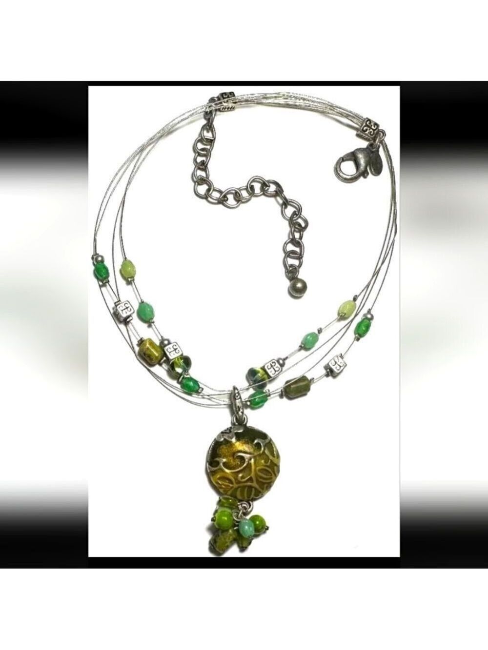 Chico's Wire Crystal Bead Enamel Pendant Necklace Vtg
